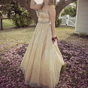 Tony Bowls designer prom gown, gold, size 10